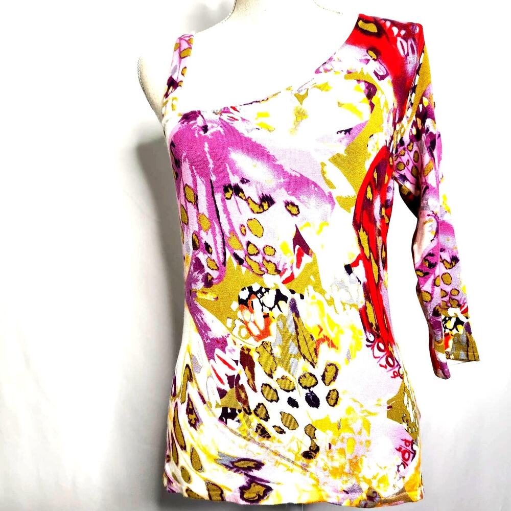 Escio Asymetrical Multicolor Knit Top Size S Soft Stretchy Retro Artsy Gorgeous